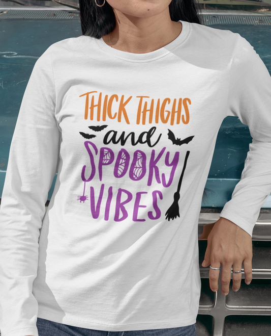 Thick Thighs and Spooky Vibes Ladies’ Long Sleeve Performance V-Neck Tee | Halloween Long Sleeve